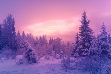 A snowy forest with a pink sky in the background