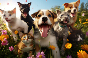 Playful pets in a field of blooming flowers
