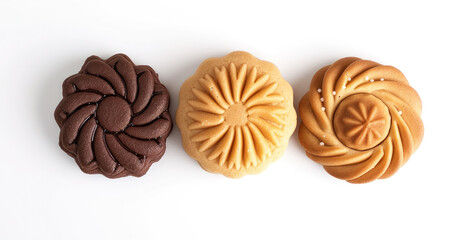 Top view of three assorted mooncakes isolated on a white background, showcasing intricate designs and varying brown hues, ideal for Mid-Autumn Festival promotions and Asian cuisine content.