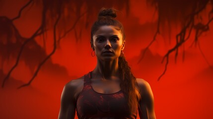 An artistic representation of strength, with a model in athletic attire, striking a powerful pose against a gradient background of fiery red and orange