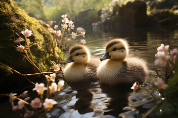 Baby ducklings in spring meadow