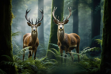 Majestic deer in a misty forest clearing