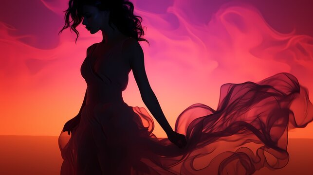 An ethereal female model poses gracefully, her silhouette illuminated against a gradient background that shifts from soft pastels to deep hues