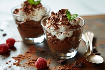 Chocolate mousse with whipped cream and raspberries in glass. Dessert concept Concept with Copy...
