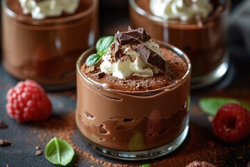Chocolate mousse dessert with whipped cream and fresh raspberries. Dessert concept Concept with...