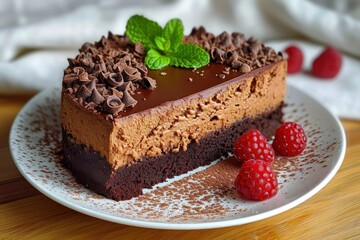 Chocolate cake with raspberries and mint on a white plate. Dessert concept Concept with Copy Space. Sweets.