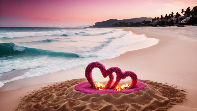 A secluded beach with a crackling bonfire surrounded by heart-shaped sand sculptures. The waves gently kiss the shore under a sky painted with hues of pink and orange