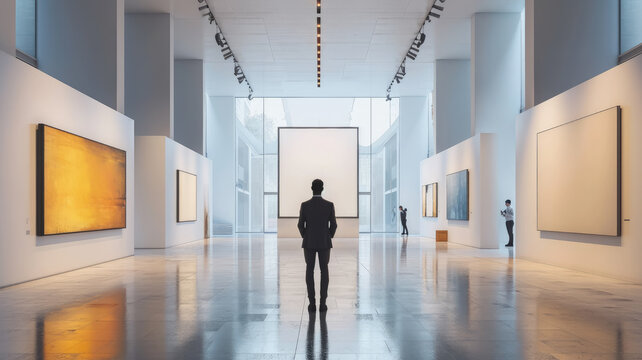 man in an art gallery looking at paintings, view from the back, culture, museum, contemporary art, critic, visitor, viewer, guide, people, person, building, room, walls, exhibition, exhibits