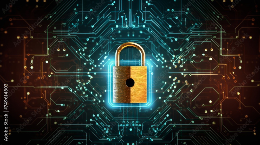 Poster lock digital background, cyber security symbol. neural network ai generated art