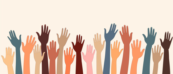 Group raised hand. Multicultural people. Racial equality. Men and women of different culture and nations. Coexistence harmony. Community. Diversity inclusion