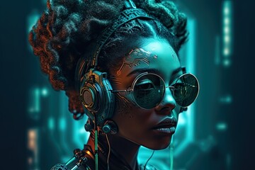 Cyborg woman with futuristic glasses and headphones