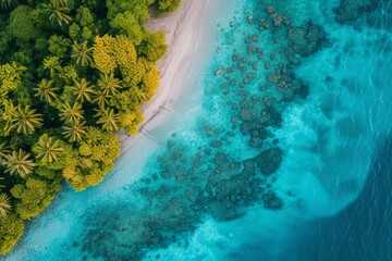 Beach with beautiful coastline. Aerial view of tropical paradise with turquoise waters, green palm trees, white sand beach and coral reefs