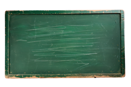 Old green chalkboard with wooden frame and scratched texture, cut out - stock png.