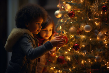 Obraz na płótnie Canvas Kids decorating a Christmas tree with ornaments