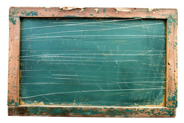 Old green chalkboard with wooden frame and scratched texture, cut out - stock png.