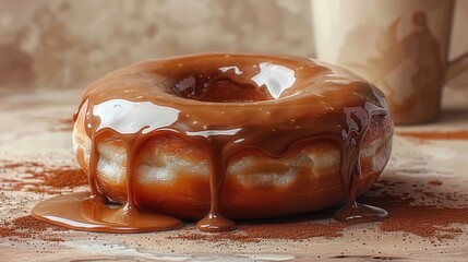 A sumptuous caramel-glazed donut resting on a wooden surface with caramel sauce dripping lusciously, an ideal image for dessert marketing and confectionery websites - obrazy, fototapety, plakaty