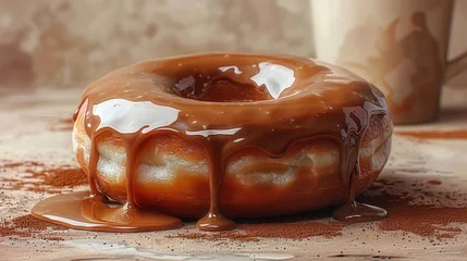 Fotobehang A sumptuous caramel-glazed donut resting on a wooden surface with caramel sauce dripping lusciously, an ideal image for dessert marketing and confectionery websites © Ross