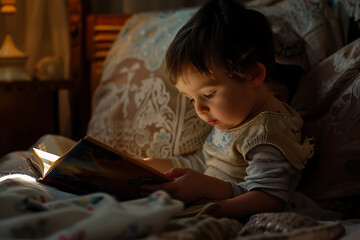 Fototapeta na wymiar Child Reading a Book in Bed, Illuminated by Soft Lamp Light