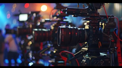 close up on media production video cameras in a recording studio, all logos or trademark signs and elements were cloned away or blurred out.