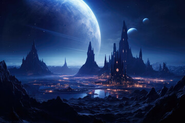 Ancient alien civilization with colossal ruins and advanced technology. - obrazy, fototapety, plakaty