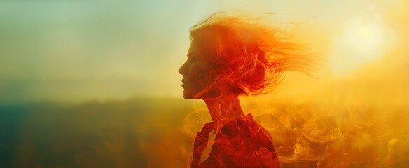A contemplative young woman with fiery red hair stands against a double-exposed, windswept landscape, exuding a sense of introspection and calm.