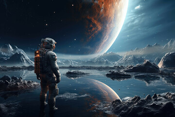 Astronaut floating above the surface of a moon-like planet with a tranquil lake and rugged terrain.