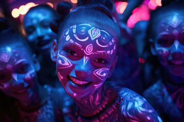 Kids dancing under black lights with glow-in-the-dark face paint on New Year's Eve.