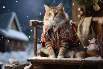 Christmas cat on a wooden sled filled with presents
