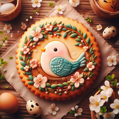 A freshly baked pie adorned with a charming bird illustration