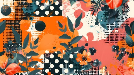 Collage contemporary orange floral and polka dot shapes seamless pattern