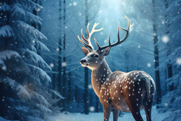 Naklejka na ściany i meble Majestic reindeer with a glowing red nose in a snowy forest