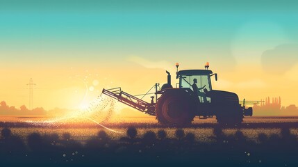 irrigation tractor driving spraying or harvesting an agricultural crop at sunset with information infographic data datum as banner design for agriculture industry and food supply production concepts