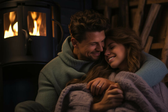 Couple enjoying a romantic hot chocolate date by a cozy fireplace