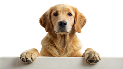 Golden Retriever dog with paws on ledge isolated on transparent background