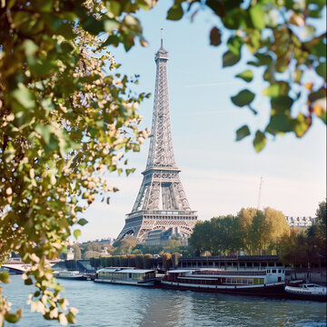 Autumnal View of the Eiffel Tower with Seine River and Boats