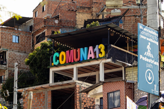 MEDELLIN, COLOMBIA - JANUARY 17, 2024:  Colourful sign at one of the viewpoints in the famous Comuna 13