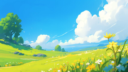 Summer fields, beautiful landscape view of the with blue sky, anime style background