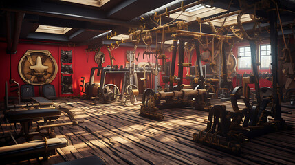 A gym interior for a pirate ship fitness center, with pirate-inspired workouts and nautical decor.
