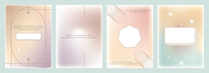 Flat illustrations. Posters with gradient backgrounds, geometric shapes, stars and inscriptions. Poster for home decor or social media cover. Modern wallpaper design...