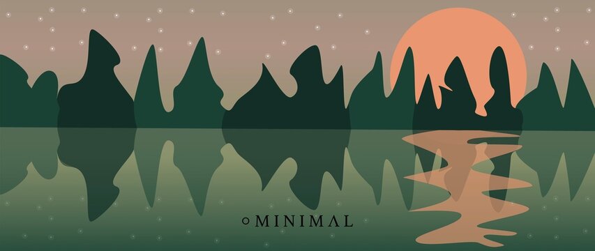 Flat illustration. The picture shows a landscape of night mountains with stars in the sky and the moon. Suitable for the cover of books and notebooks, as decor and photo wallpaper..