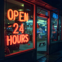 Fototapeta na wymiar A neon Open 24 Hours sign in a store window 
