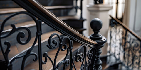 Elegant Wrought Iron Staircase Railing. Close-up of a classic wrought iron staircase railing with ornate design, forged products for the interior of the house.