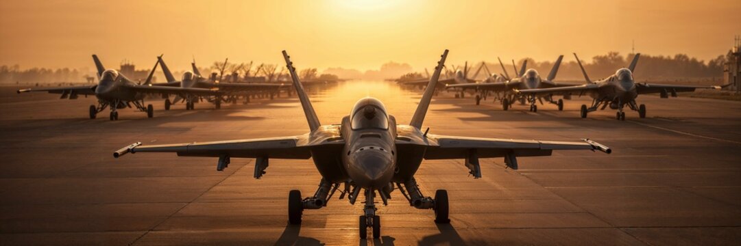 panoramic view of a generic military aircraft carrier ship with fighter jets take off during a special operation at a warzone, wide poster design with copy space area