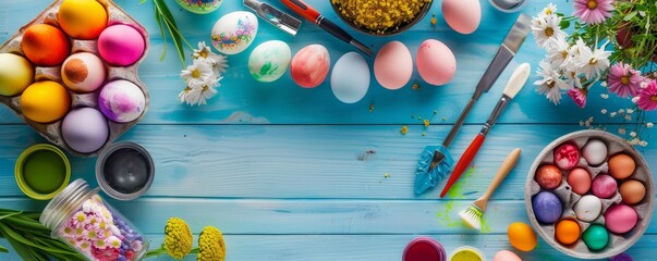 A Colorful Array of Easter Egg Dye and Decorating Tools Spread Out on a Bright Spring Morning