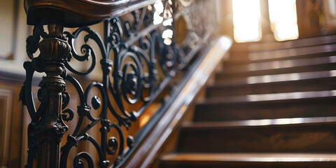 Elegant Wrought Iron Staircase Railing. Close-up of a classic wrought iron staircase railing with...