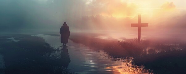 A Solemn Journey on Easter Morning: A Man Carrying a Wooden Cross Through the Misty Dawn, Symbolizing Faith and Redemption
