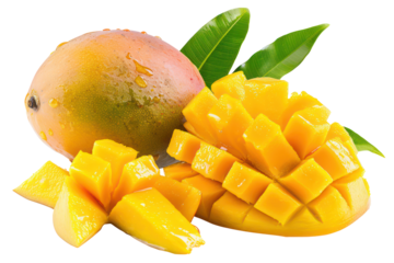 Ripe mango and juicy slices, cut out - stock png.	