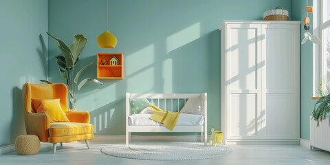 Minimalist Children Bedroom. Simple interior of a children's room with a child's bed, closet and armchair.