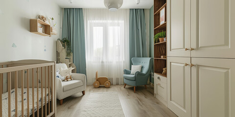 Minimalist Children Bedroom. Simple interior of a children's room with a child's bed, closet and armchair.