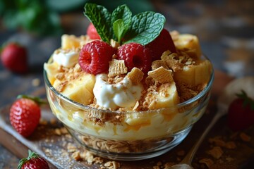 Greek yogurt parfait with granola and fresh raspberries. Banana Pudding. Dessert concept Concept...
